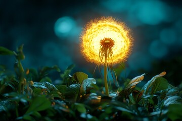 Aufkleber - A serene image of a dandelion puff with seeds tangled in spider silk, glowing softly in early morning light