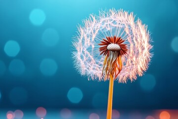 Aufkleber - A serene image of a dandelion puff with seeds tangled in spider silk, glowing softly in early morning light