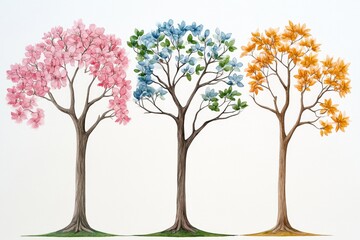 Aufkleber - A soft watercolor painting of a tree in four stagesâ€”spring blossoms, summer leaves, autumn colors, and bare winter branches