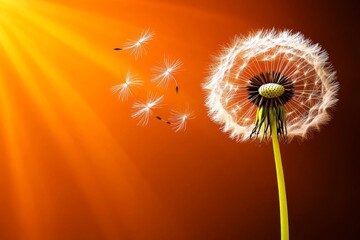 Aufkleber - A vibrant image of a child blowing on a dandelion, with seeds floating away into the air under soft sunlight