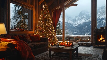 Wall Mural - A cozy cabin adorned with a Christmas tree and festive decorations, overlooking a snowy mountain landscape through large windows.