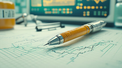 Poster - a pen rests on financial graphs with fluctuating lines, in a workspace, indicating analysis or strat