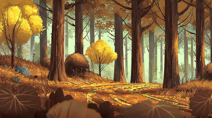 Poster - Autumn forest with golden leaves and soft sunlight