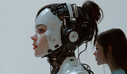 Aufkleber - Profile view of an artificial humanoid with a headset, a half-man and digital circuits visible on the side on a white background. Another female figure is visible from behind. 