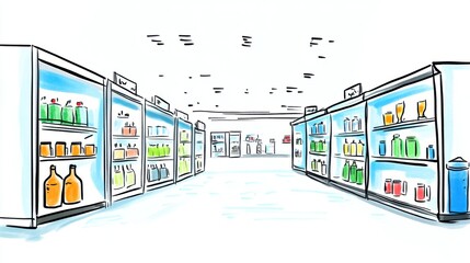 Wall Mural - Brightly Lit Aisle of a Supermarket Showcasing Colorful Drinks and Bottled Beverages in Refrigerated Displays