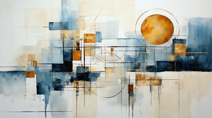 Poster - Abstract watercolor painting in blue, gold, and beige tones with geometric shapes and a large central circle.