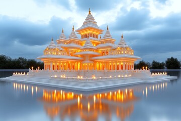 Poster - A 3D-rendered model of a grand Hindu temple with detailed carvings and glowing lights, set against a twilight sky