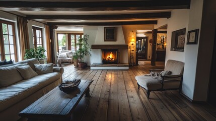 Canvas Print - Cozy living room, fireplace, wooden floors, rustic charm.