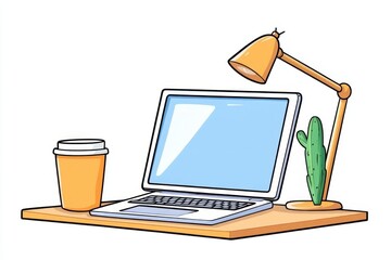 Poster - A clean flat vector design of a desktop setup with a tablet, a laptop, and a coffee cup, drawn in cheerful pastel tones on a white canvas