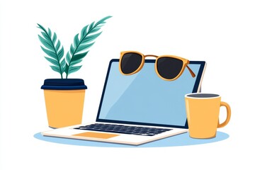Poster - A clean flat vector design of a desktop setup with a tablet, a laptop, and a coffee cup, drawn in cheerful pastel tones on a white canvas