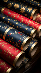 Wall Mural - Rolled patterned wrapping paper in red and blue with gold accents.