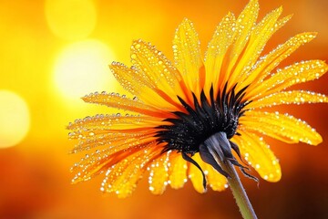 Poster - A close-up of a dew-covered dandelion puff at dawn, with sparkling droplets catching the golden light