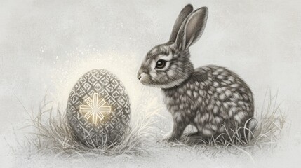 Poster - Acrylic-painted bunny gazing at a glowing cross-patterned egg, surrounded by soft textures on white