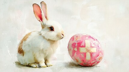 Poster - Acrylic-painted bunny gazing at a glowing cross-patterned egg, surrounded by soft textures on white