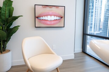 Poster - A digital display showing before-and-after images of a patient smile transformation, placed beside a dental chair