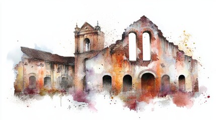 Wall Mural - Vivid watercolor painting of a traditional mexican church, glimpse into cultural heritage and architectural beauty