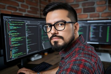 Fototapete - A dynamic shot of a web designer working on a responsive layout, with HTML code displayed on one screen and the design preview on another