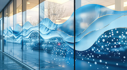 Fototapete - A modern storefront window design for a water purification company, featuring clean and sleek blue tones. The design includes waves, water droplets, and minimalistic patterns, outside.
