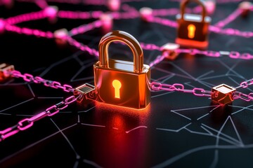 Poster - A flat design of a secure database network, featuring glowing locks and arrows symbolizing connections
