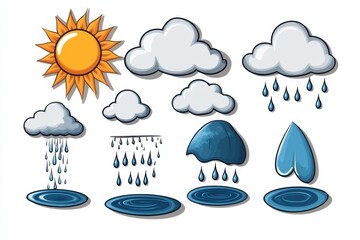 Aufkleber - A flat vector design showing the water cycle as simple icons: sun, clouds, rain, and rivers, in pastel colors