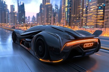 Aufkleber - A futuristic depiction of Abu Dhabi skyline with glowing holographic skyscrapers, floating vehicles, and a high-tech oasis in the desert