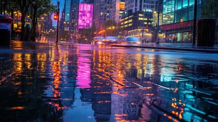 Wall Mural - Rainy city street, vibrant reflections, night.