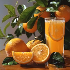 Poster - A bunch of oranges, vibrant green leaves, a glass of orange juice.