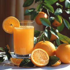 Poster - A bunch of oranges, vibrant green leaves, a glass of orange juice.