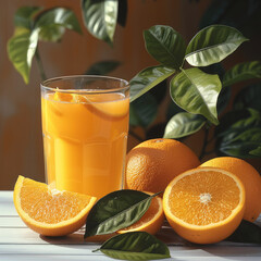 Poster - A bunch of oranges, vibrant green leaves, a glass of orange juice.
