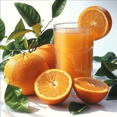 Poster - A bunch of oranges, vibrant green leaves, a glass of orange juice.
