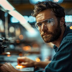 Leinwandbilder - A focused worker in a factory, diligently working on assembling or crafting a product, with a look of quiet determination.