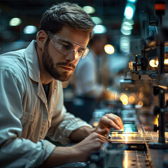 Leinwandbilder - A focused worker in a factory, diligently working on assembling or crafting a product, with a look of quiet determination.