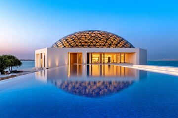 Poster - A photo of an evening light show at the Louvre Abu Dhabi, with its geometric dome and stunning reflections on the surrounding water