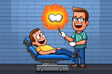 Poster - A pixel art dentist treating a smiling patient, with tiny animated tools and a glowing white tooth displayed in retro 8-bit style