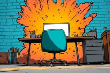 Aufkleber - A pixel art depiction of a designer desk with a glowing computer screen, pixelated tools, and vibrant splashes of color around the workspace