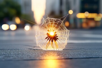 Aufkleber - A serene image of a dandelion puff with seeds tangled in spider silk, glowing softly in early morning light