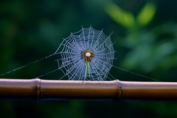 Aufkleber - A serene image of a dandelion puff with seeds tangled in spider silk, glowing softly in early morning light