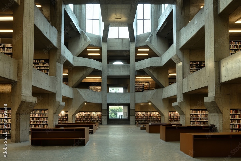 An imposing brutalist public library with massive concrete columns and ...