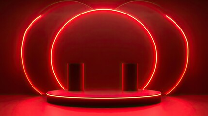 Wall Mural - Realistic red 3D background, Cylinder pedestal podium with golden curve neon lighting line. Vector abstract geometric forms. Minimal scene mockup products stage showcase.