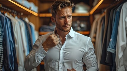 Poster - A man rolling up the sleeves of his shirt, feeling confident in his closet.