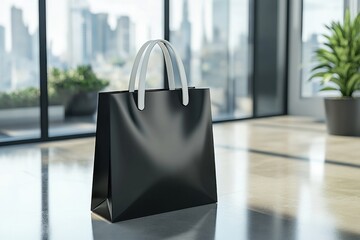 Stylish black shopping bag modern office product photography urban environment close-up view minimalist design concept