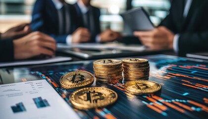 Poster - Team Meeting to Discuss Business Strategies with Focus on Cryptocurrency Investment and Financial Trends