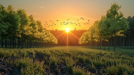 Poster - Young deciduous trees growing in rows creating a new forest, in the background the rising sun and birds flying in the distance.