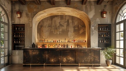 Aufkleber - A luxurious hotel hall, wrought iron window and a bar with a few bottles.