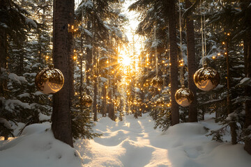 Sun light in the winter forest with white fresh snow and pine trees