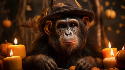 Playful chimpanzee interacts with Halloween decorations in its lush zoo habitat, adding festive charm.