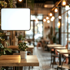 Aufkleber - Flat screen signage mockup with minimalistic blurry bright cafe background.
