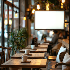 Aufkleber - Flat screen signage mockup with minimalistic blurry bright cafe background.