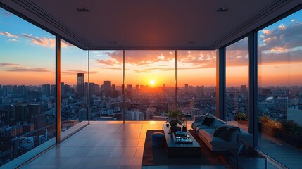 Aufkleber - View from the top floor of an office building overlooking city skyline The sky is clear at sunset creating a luxurious atmosphere.