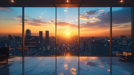 Aufkleber - View from the top floor of an office building overlooking city skyline The sky is clear at sunset creating a luxurious atmosphere.